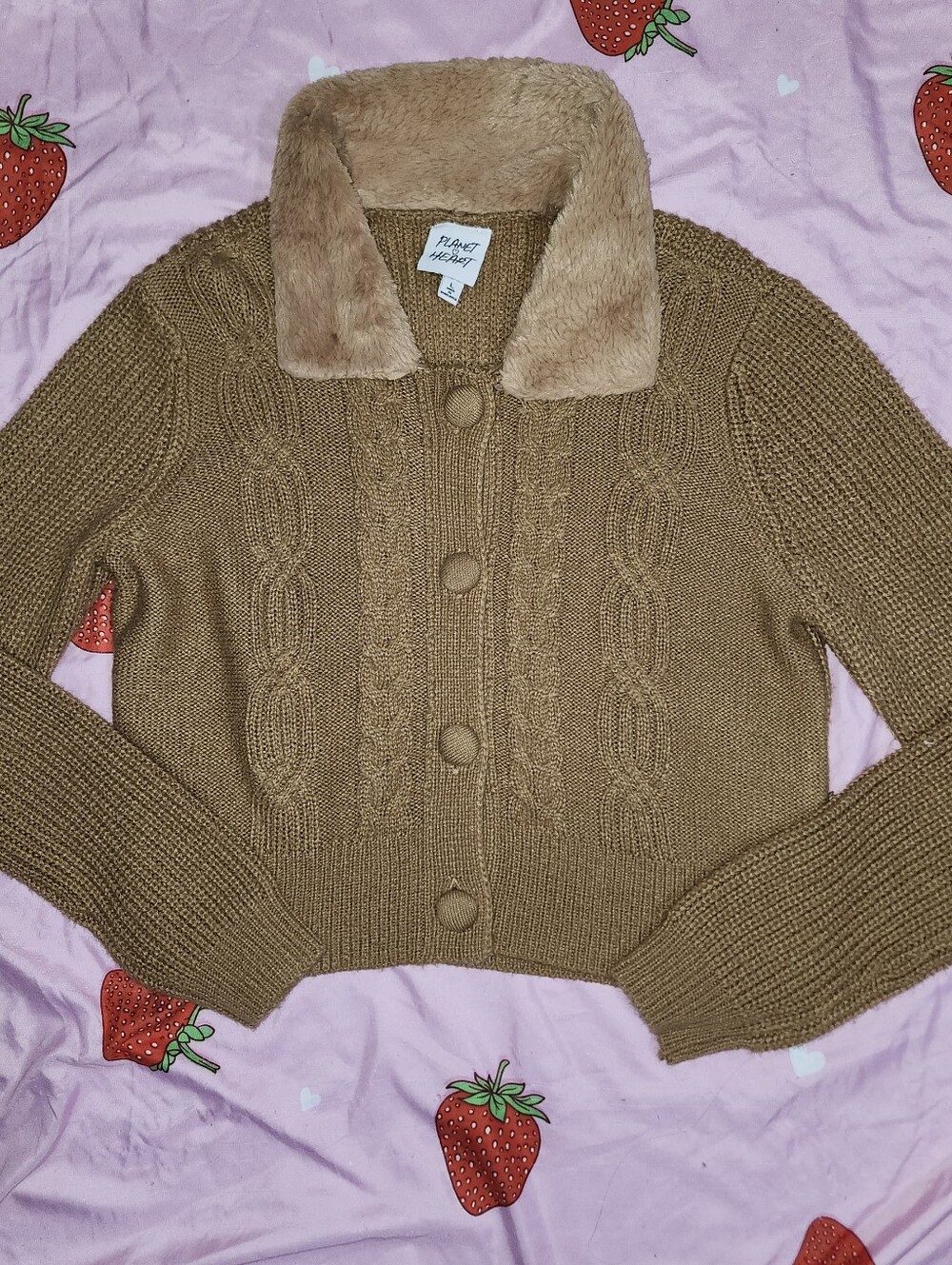 Planet Heart brown cable knit cardigan with faux fur removable collar